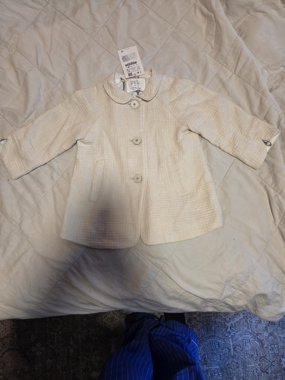 Zara Cream Textured Girls' Coat with Peter Pan Collar